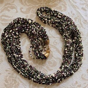 Erwin Pearl Multi Strand Necklace Faux Pearl Green Purple Glass Beads 48” Estate